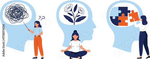 Mental health journey transforming stress and chaotic thoughts into inner peace, mindfulness, and problem-solving for psychological well-being and growth