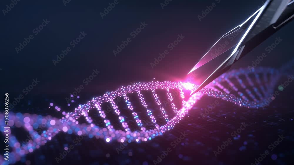 CRISPR Scissors Cutting a DNA Strand. Gene Editing and Genetic Engineering Concept.