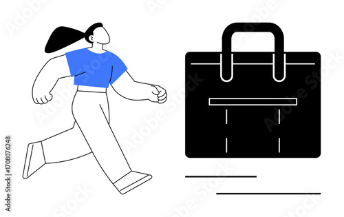 Woman in motion with a confident stride going towards a large handbag. Ideal for shopping, retail, fashion, e-commerce, lifestyle, movement, ambition. Clean simple flat metaphor
