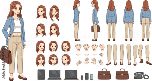 Vector illustration set of a female office worker character. Features turnaround views, various emotions, hand gestures, and business items for animation or games