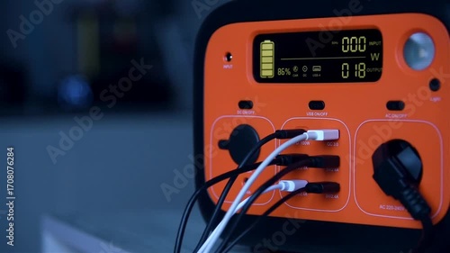 Portable power station with digital display and charging ports for sustainable electricity supply. Concept of renewable energy and eco power. Slow Motion Effect.