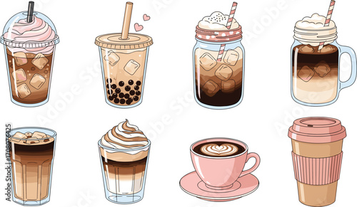 A vibrant collection of hand-drawn coffee and tea illustrations, featuring a variety of popular cafe drinks like lattes, iced coffee, and bubble tea