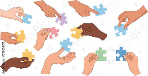 A conceptual vector illustration showing a set of diverse hands connecting jigsaw puzzle pieces, representing teamwork, collaboration, and solutions