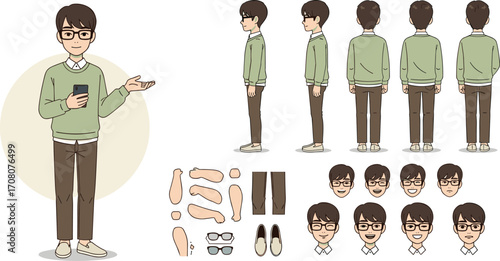 Young man character creation set with multiple turnaround views, hand gestures, and a variety of facial expressions for animation