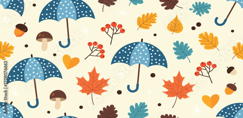 Autumn Harvest Pattern with Umbrellas and Leaves for Fall Season