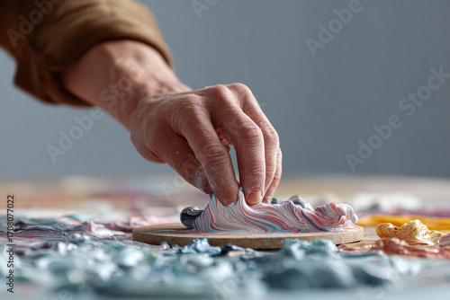 Artist's hand mixing vibrant paints. Evokes creativity, skill, craft. Perfect for art blogs, design tutorials, or creative industry marketing. Close up shot.