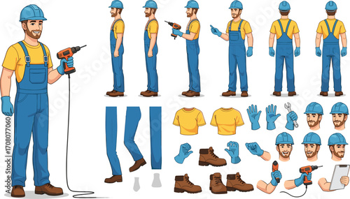 Male construction worker and handyman character set with different poses, tools, and separate body parts for animation projects