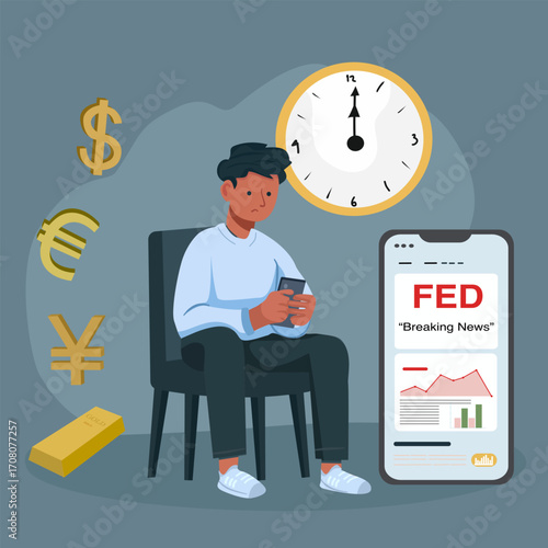 Vector illustration of an investor checking his smartphone with breaking news about the Federal Reserve (Fed) interest rate decision. Surrounded by currency symbols, gold, for breaking news on interes