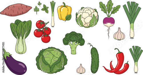Vibrant collection of fresh cartoon vegetable illustrations, including broccoli, peppers, and cabbage for healthy eating concepts