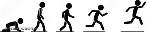 Sequence Of Human Figures Showing Movement From Crawling To Running Keywords: sequence, movement, action, stages, progression