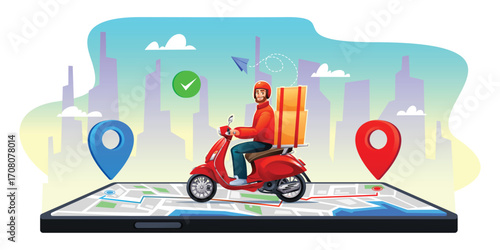 Courier on a scooter on a smartphone with a navigation map. Route for fast delivery concept. Vector cartoon illustration