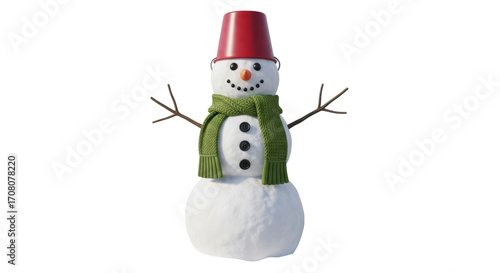 Isolated snowman with twig arms and a red bucket hat perfect for holiday designs
