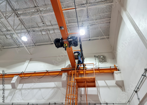 The perspective of single-girder overhead crane for inspection before test run without load.