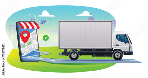Delivery truck driving from a smartphone with a location pin. Fast online delivery service concept. Vector cartoon illustration