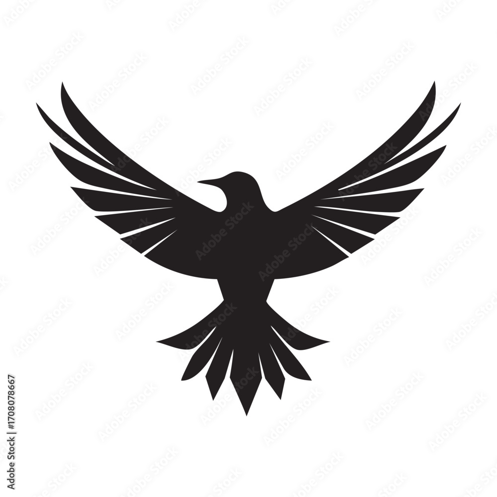 Fototapeta premium A stark black silhouette of a bird, possibly a raven or crow, with its wings fully extended in a dynamic flight pose