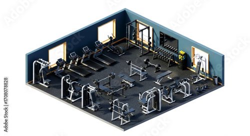 modern fitness center isometric 3d model of a fully equipped gym, isolated on transparent background