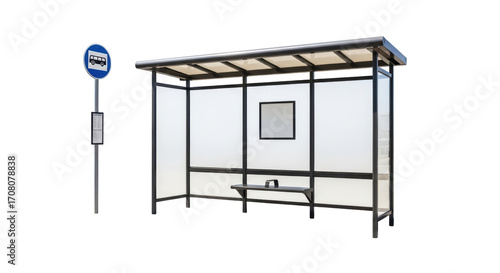 Isolated public transport shelter a bus stop waiting point, road sign for the bus with schedules