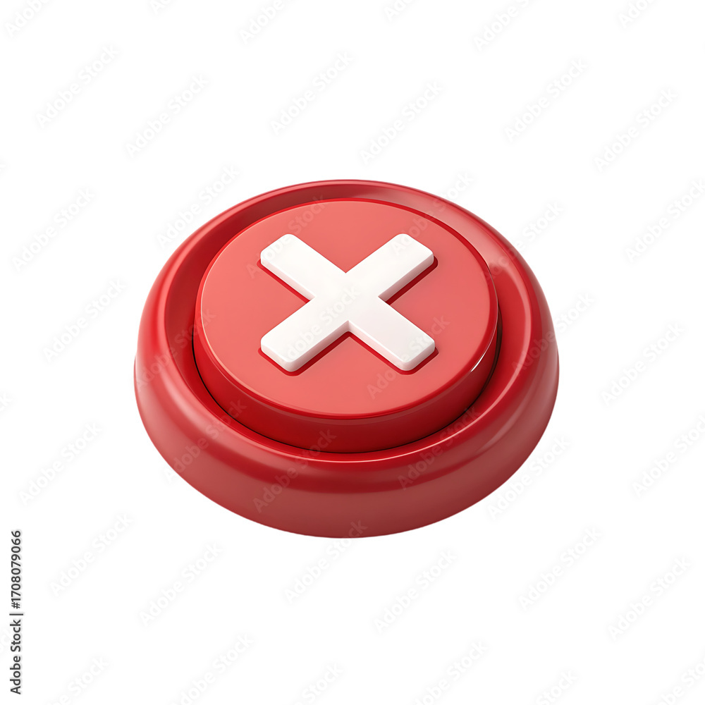 Fototapeta premium Red button with white cross symbol, isolated on transparent background