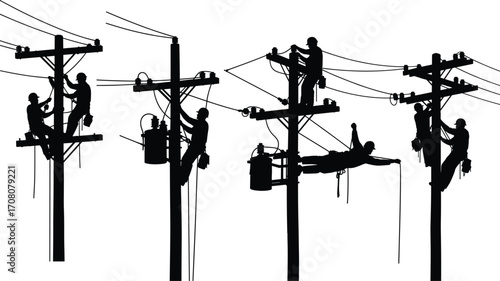 Silhouettes of electrical linemen climbing and working on utility poles, repairing high-voltage power lines using safety harnesses and tools.Silhouettes of electrical linemen climbing and 