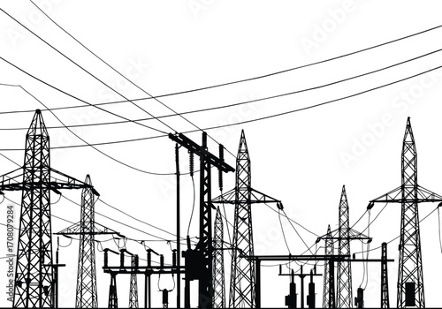 Electrical substation silhouette, high voltage power lines, energy infrastructure, transmission towers, industrial grid, black and white, electricity distribution system