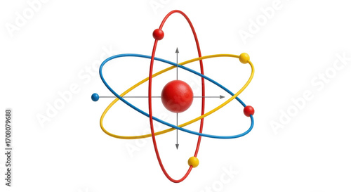 Konstfotografi Isolated atom model illustrating structure in red, blue, and gold, on seamless b