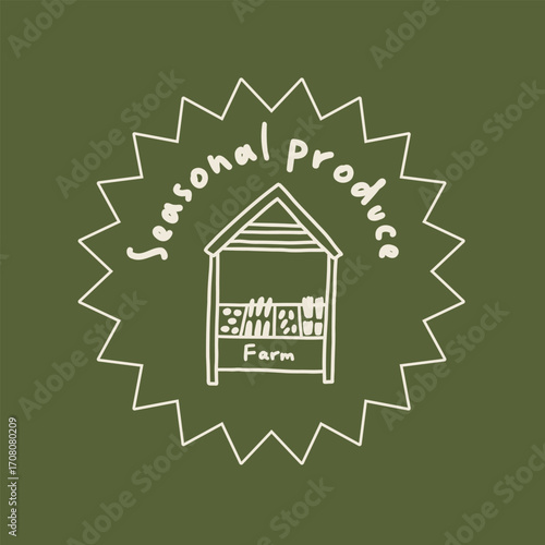 Organic Farm Market Farmer Stall Logo. Vegan Vegetable Food Label Tag. Vector Doodle Illustration