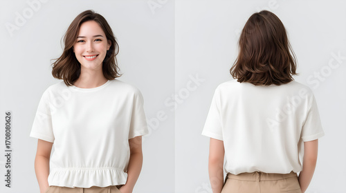 Showcase your clothing line with this beautiful woman wearing a stylish white top both front and back views