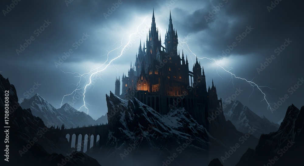 Naklejka premium Dark castle amidst stormy mountains