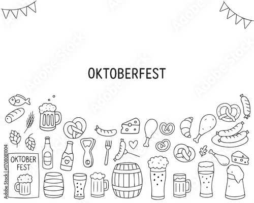  Oktoberfest-themed vector illustration featuring various iconic food and drink items such as beer mugs, pretzels, sausages