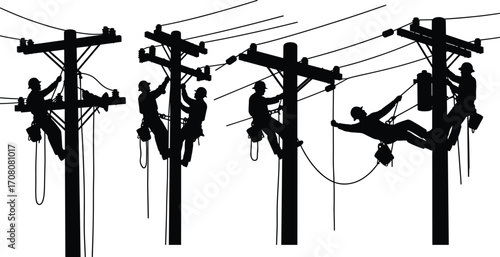 Silhouettes of electrical utility workers climbing power poles and repairing wires wearing safety gear, lineman harness and working equipment