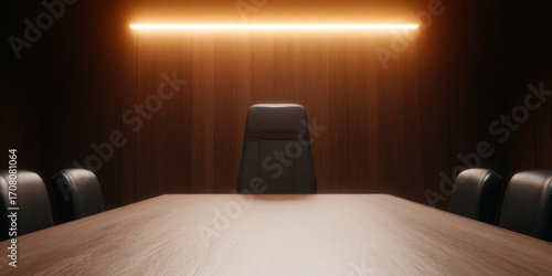 sleek, modern conference room featuring a large table, leather chairs, and soft ambient lighting highlighting an empty chair at the head.
