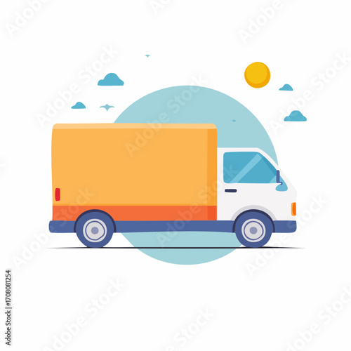 A cartoon illustration of a delivery truck, set against a simple sky backdrop with clouds and sun.