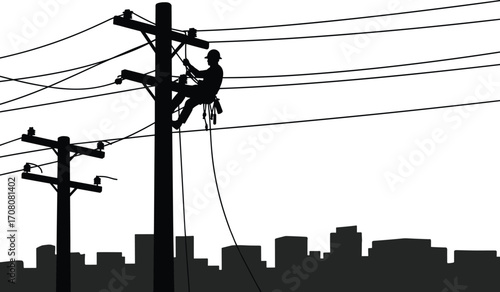 Utility worker climbing pole, silhouette, power lines, safety gear, electrical maintenance, urban infrastructure, black and white, city skyline, high voltage, electrician