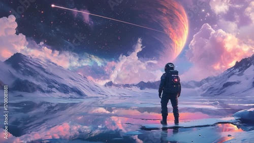 A male astronaut is embarking on an exciting journey, thoroughly exploring a mesmerizing alien landscape that features dazzling giant planet looming the vast galactic sky filled stars cosmic wonders