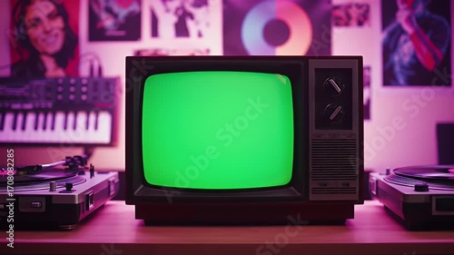 Retro Television Set Displaying a Bright Green Screen With Two Turntables Flanking In a Music Room with Pink and Purple