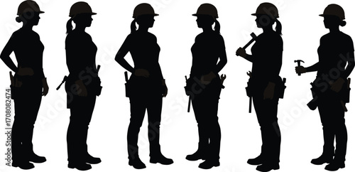 Silhouettes of female construction workers wearing helmets and tool belts holding hammer, screwdriver, and various tools vector illustration