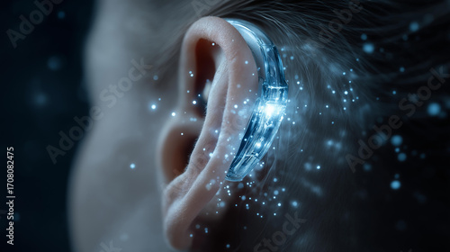 Macro shot of hearing aid device fitted, metallic surface glowing, patient’s ear detailed in bright light.