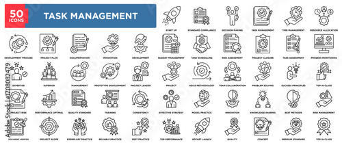 Task Management icon set with 50 outline vector icons. Includes task management, project management, development process, project plan