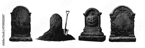 Halloween spooky grave stone elements. Grunge halftone cemetery toombstone