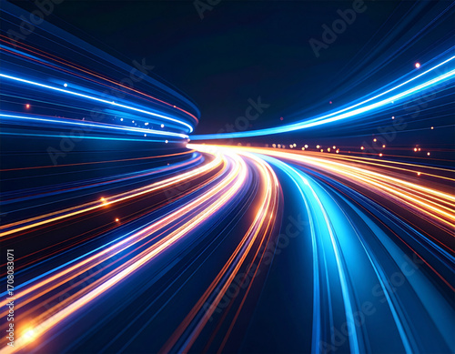 Dynamic neon trails cutting across a shadowy  abstract space  visualizing the flow of data and energy