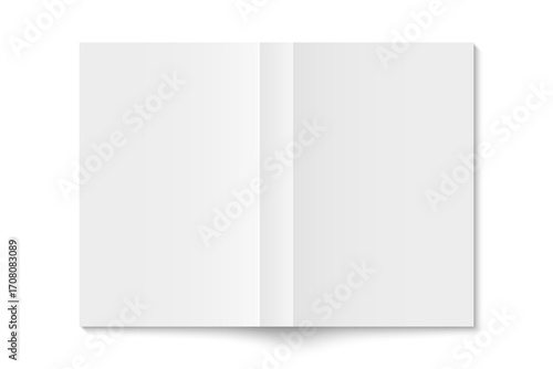 Vector mockup of white paperback vertical book spread cover isolated. Realistic softcover magazine, brochure or booklet template opened on white background. 3d illustration.