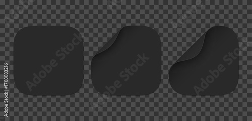 Vector set of black paper squircle stickers isolated on transparent background. Realistic square stickers curved with black corner and soft shadows.