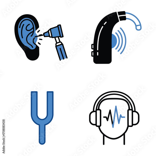 Hearing Test Icons Ear Exam, Hearing Aid, Tuning Fork, Audiometry