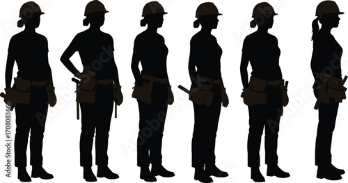 Silhouettes of female construction workers wearing helmets, gloves, and tool belts standing side view holding tools vector illustration