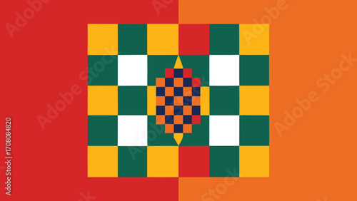Abstract Geometric Pattern with Checkerboard and Diamond Shapes in Bold Colors vector illustration