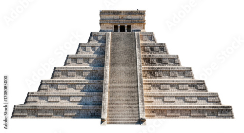 Isolated view of the Temple of Kukulcan in Mexico for travel and ancient cultures topics
