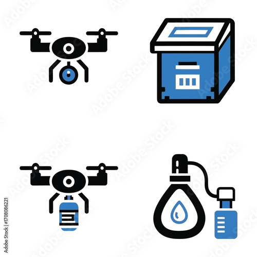 Icons representing drones, delivery box, delivery with liquid, and medical equipment