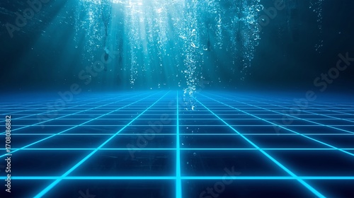 Underwater Neon Grid with Rising Air Bubbles
