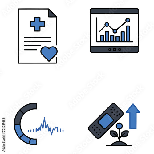 Collection of modern flat icons for health technology, medical data analytics, and patient recovery