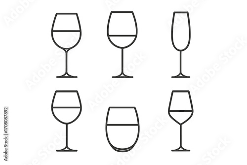 Set of six minimalist wine glass line art designs, elegant vector cartoon illustration with transparent background, ordered collection of stylish stemware icons, modern drinkware symbols
